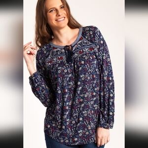 Floral Navy Red Peasant Tunic with Embroidered Yoke Size Small